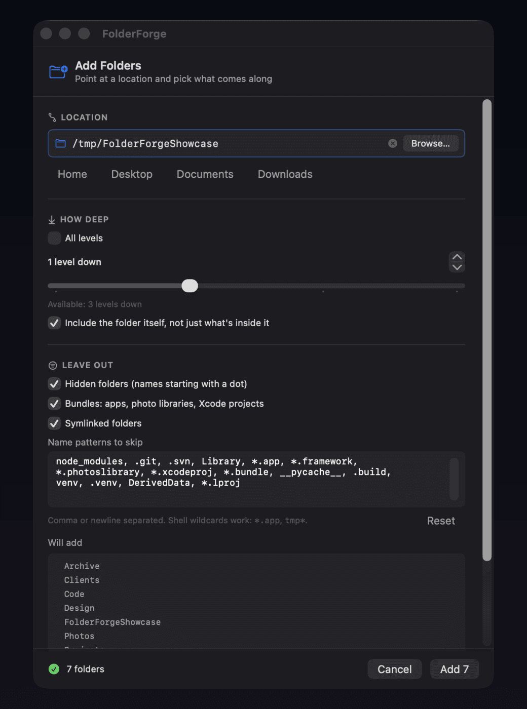 Add Folders preview using a dummy FolderForge showcase tree