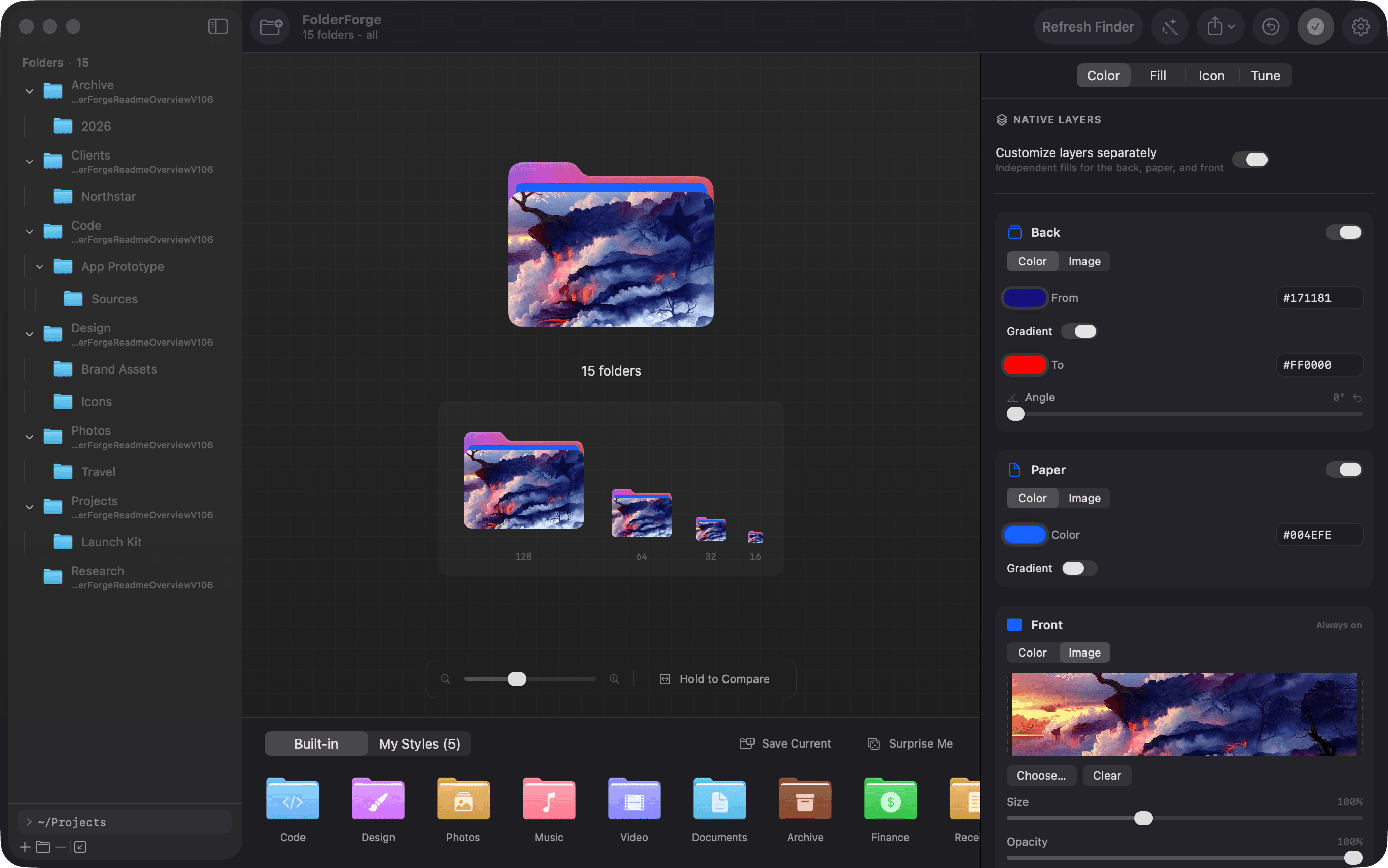 FolderForge editor showing dummy project folders and an image-filled folder preview