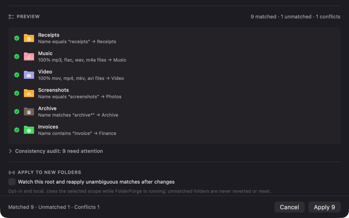 Smart Style preview showing dummy folders matched by name and file types